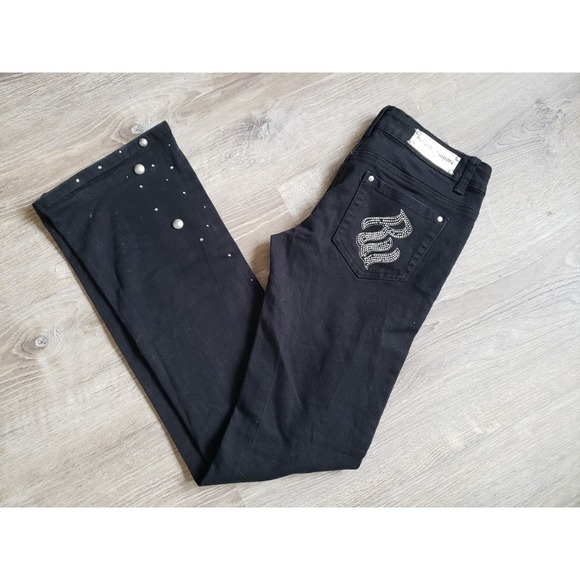 VTG Rocawear Jeans Juniors 3 Blk Pearl Studded Low Rise McBling Y2K Logo Bootcut - Picture 11 of 14